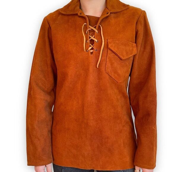Vintage 1970s The Leather Toggery Shop Brown Leather Retro Tunic Blouse Sz M - Picture 4 of 10